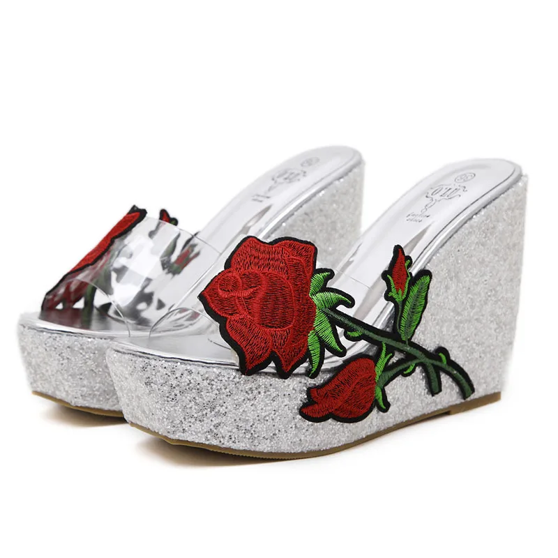 Fashion Outside Women Slippers Summer Party Shoes PU Female Sandals Slides Wedges Thick Platform Embroidery 11cm High Heels Sexy