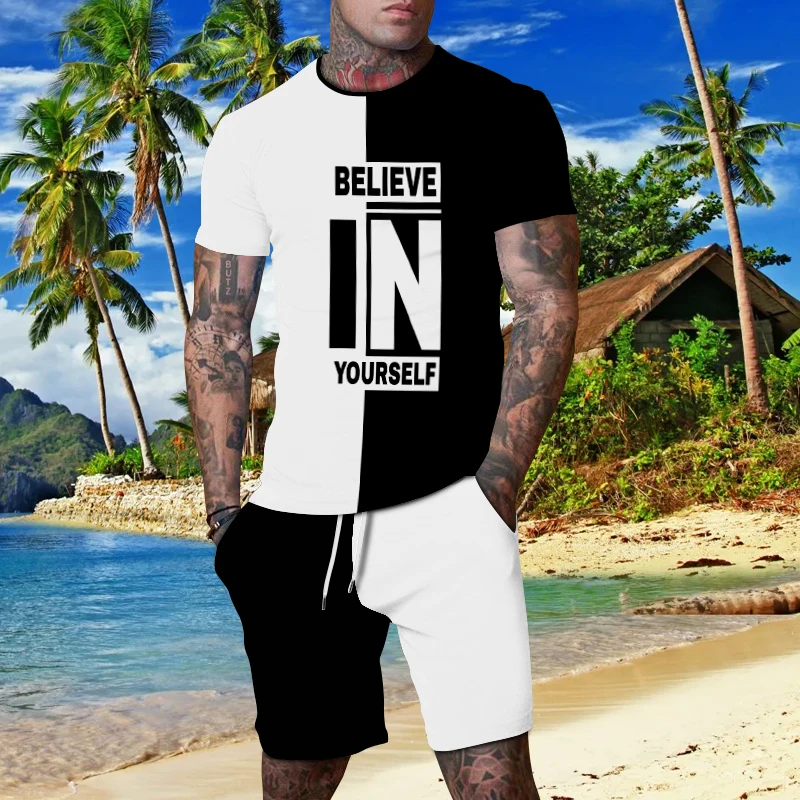 2023 Summer Trend Men Suit Beach Casual Shorts Suit Crewneck Short Sleeve T-shirt Sports Suit 2-piece 3D Printed Men's Clothing