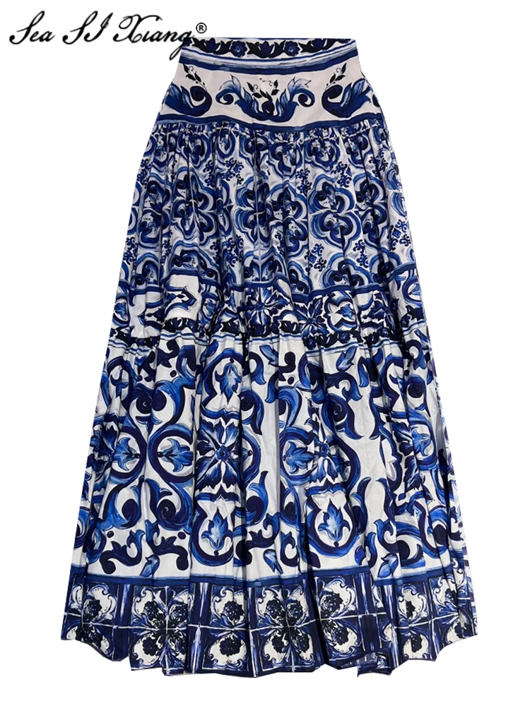Seasixiang Fashion Designer Summer 100% Cotton Skirt Women Blue and White Porcelain Print Vintage High Waist Skirt