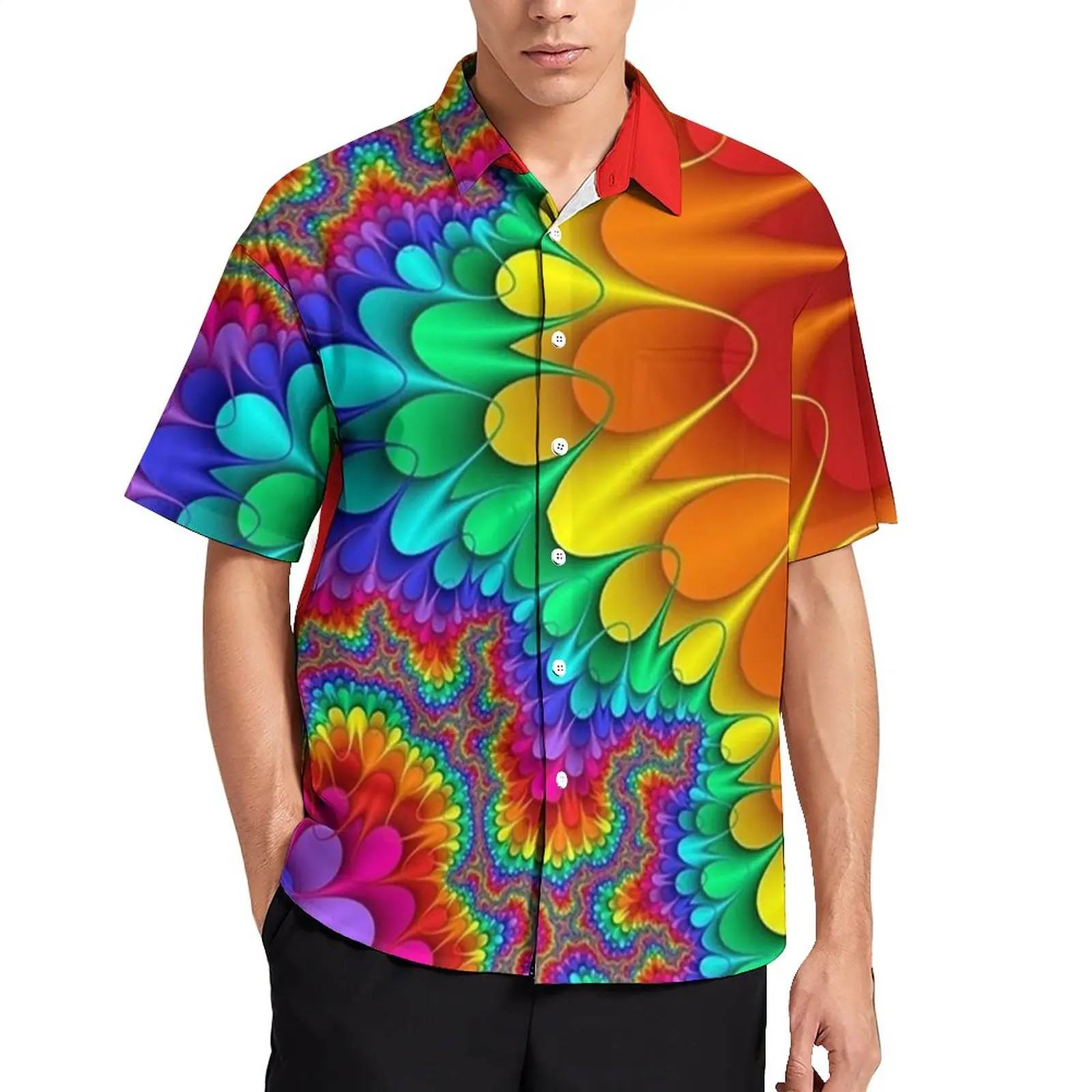 

Rainbow Splash Vacation Shirt Psychedelic Print Summer Casual Shirts Men Cool Blouses Short-Sleeve Design Tops Plus Size 3XL 4XL