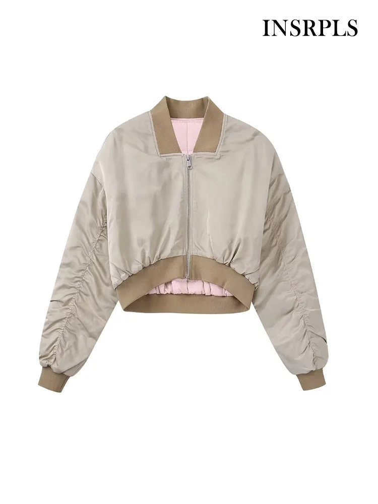 

INSRPLS Женская модная сатиновая укороченная куртка-бомбер на молнии спереди, винтажная женская верхняя одежда с круглым вырезом и длинным рук...