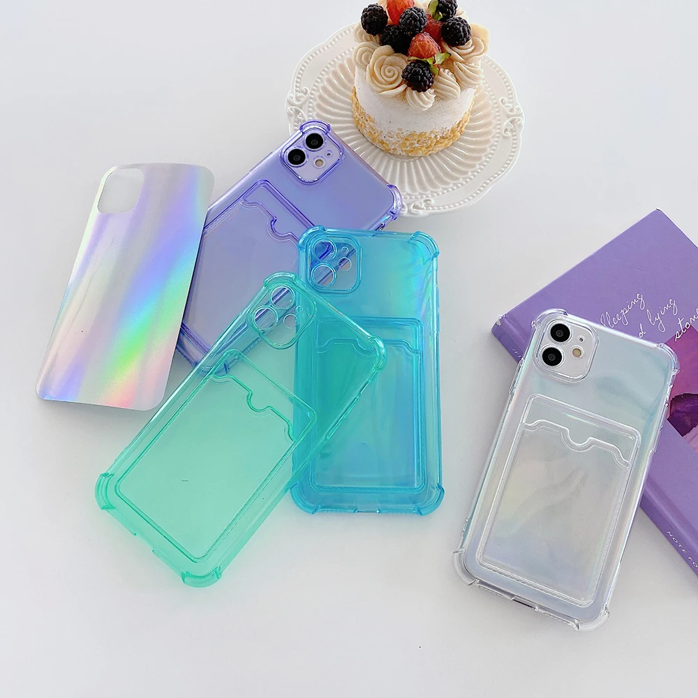 Laser Transparent Card Bags Case for IPhone 11 12 13 Pro Max XR X XS Max 8 7 14 Plus Silicone Shockproof Phone Cover Coque Funda