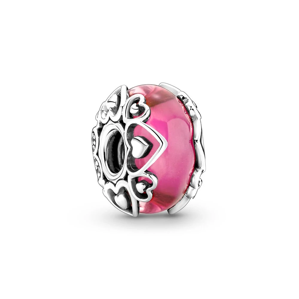 

925 Silver Reveal Your Love Pink Murano Glass Charm fit Pandora Original Bracelet Making for Women Birthday Gift