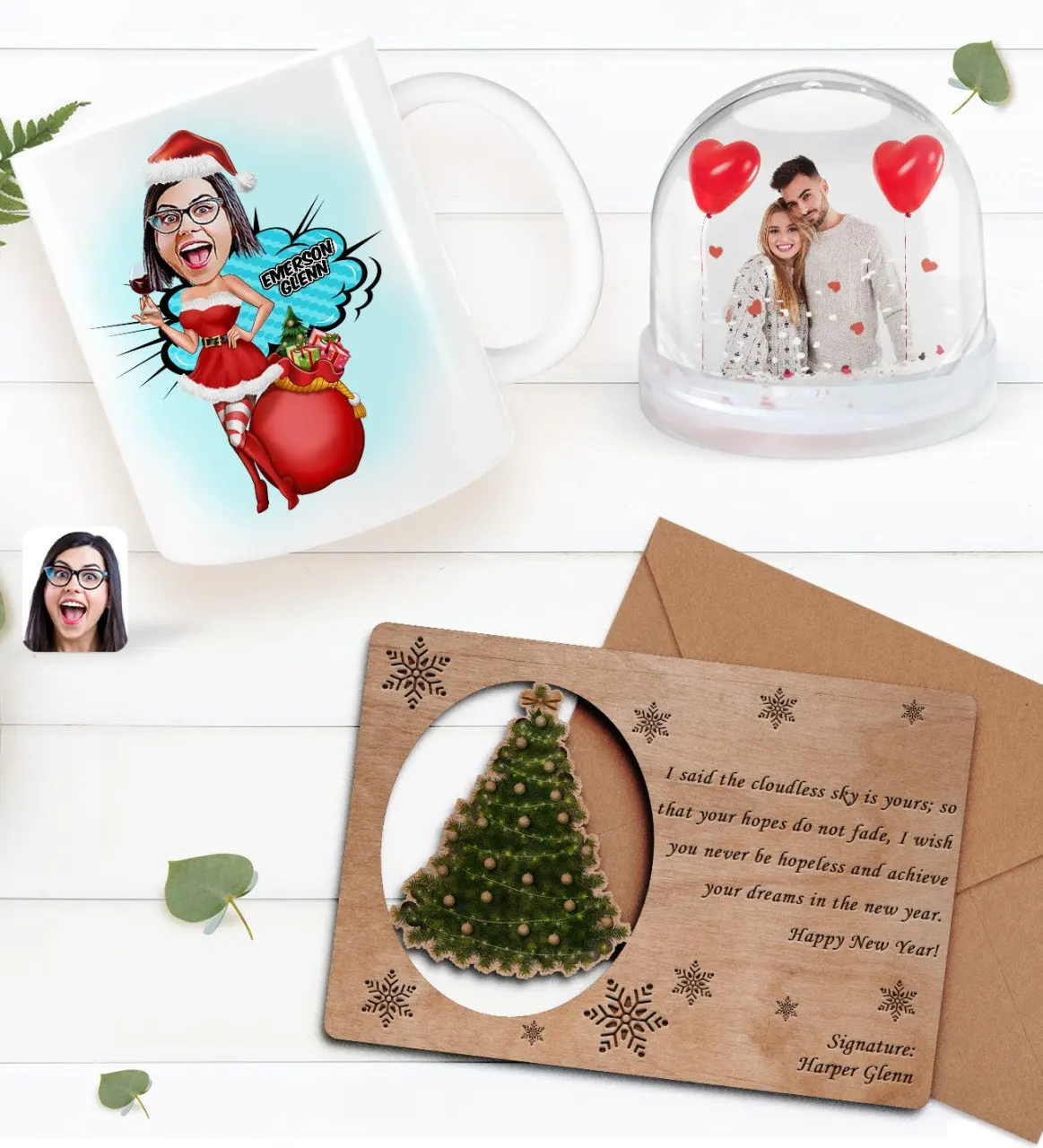 

Персонализированная фотография снежный шар и новогодняя кружка и ретро Деревянная Рождественская открытка подарок