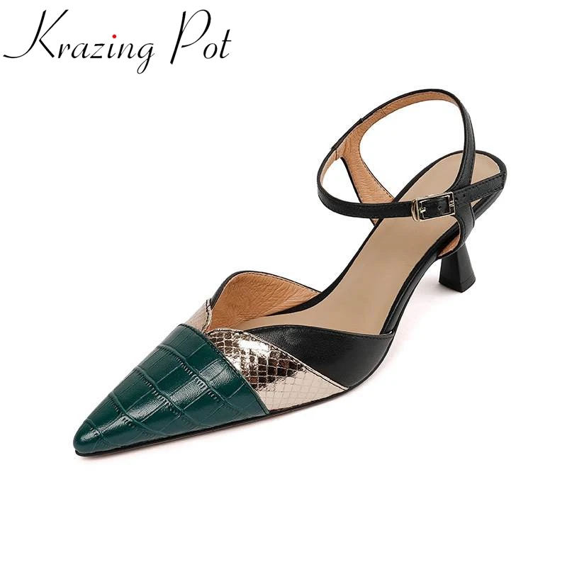 

Krazing Pot Full Grain Leather Fashion Stiletto Thin High Heels Pointed Toe French Retro Summer Beauty Lady Shallow Women Pumps