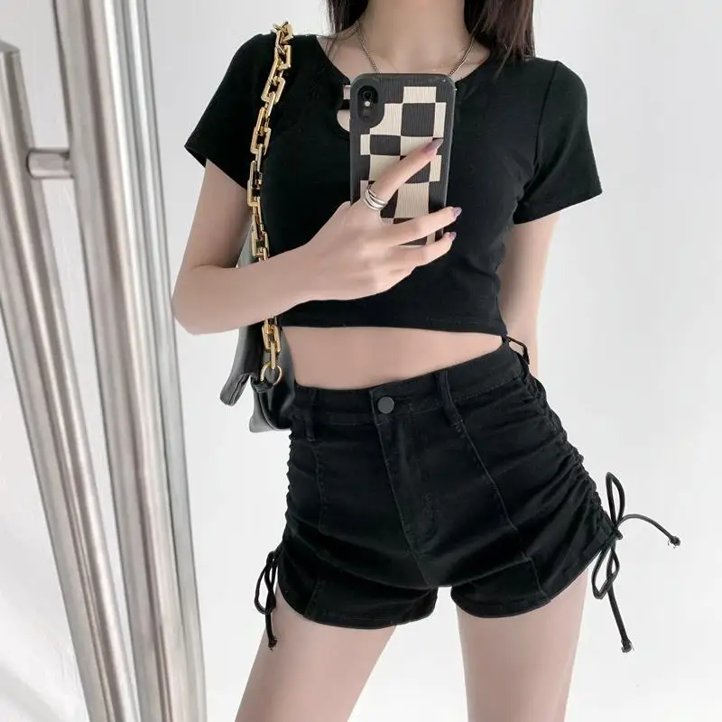 

Пряные джинсовые шорты для девочек с высокой талией, женские летние модные узкие трапециевидные облегающие брюки с завязками на бедрах