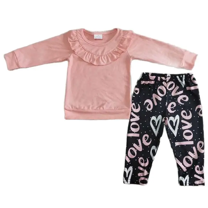 

6 A28-29 Girls Kids Clothing Pink Long Sleeve Top Love Trousers Valentine's Day Set RTS Boutique Children Winter Outfits