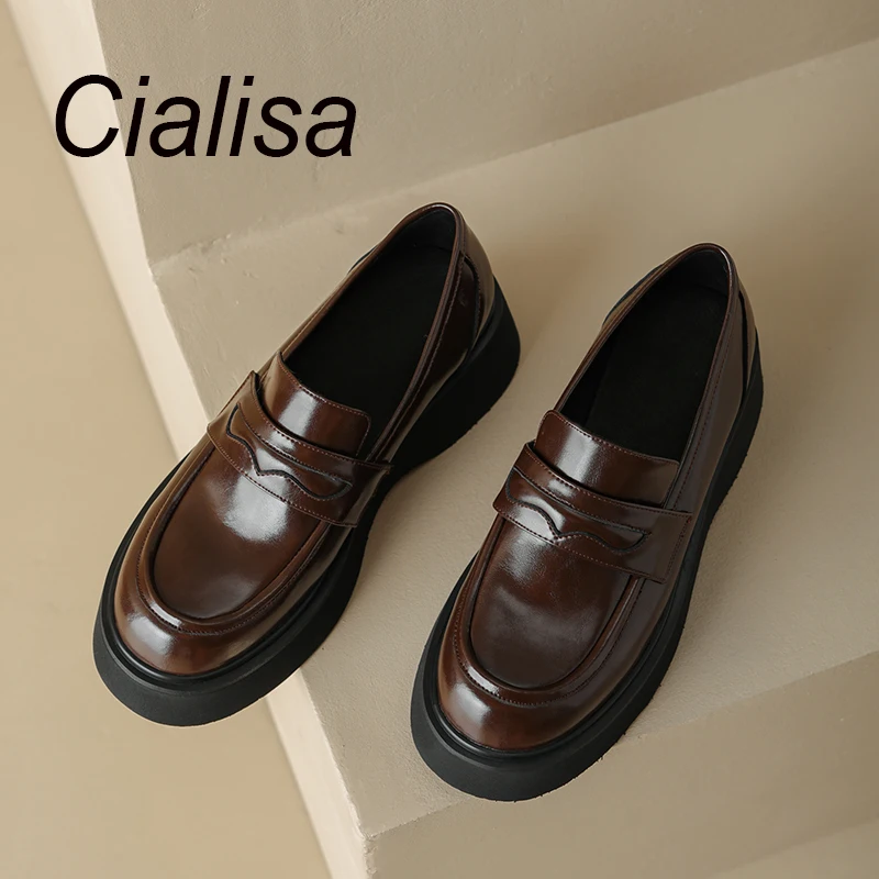 

Женские туфли из натуральной кожи Cialisa, коричневые повседневные туфли на платформе, с круглым носком, на массивном каблуке, ручная работа, весна 2023