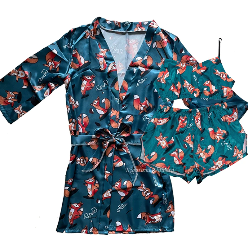 

3pcs Satin Silk Pajamas Sets Women Printed Lingerie Robes Lace Underwear Sleepwear Spring Summer High Quality Homewear top mujer