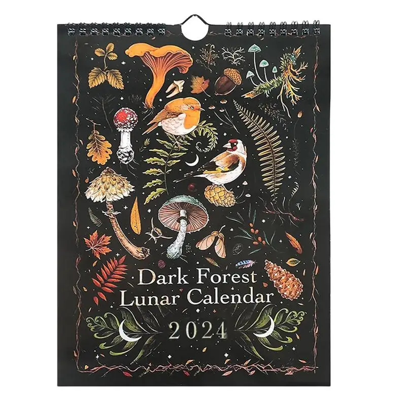 

2024 календарь с темным лесом, настенные лунные календари с 12 иллюстрациями, идеально подходит для рождественских и новогодних подарков