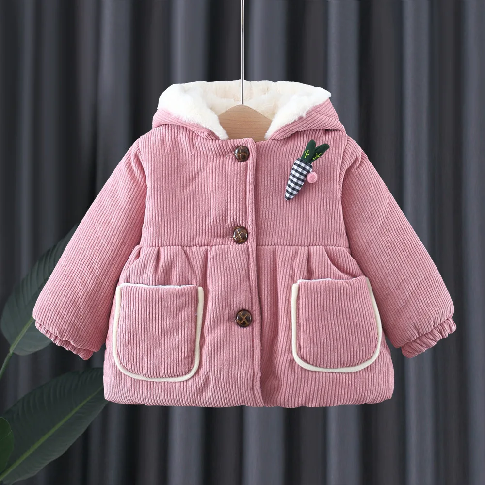 

Симпатичное пальто для маленьких девочек, Осень-зима 2022, Вельветовая утепленная куртка для новорожденных девочек с капюшоном и хлопковой п...