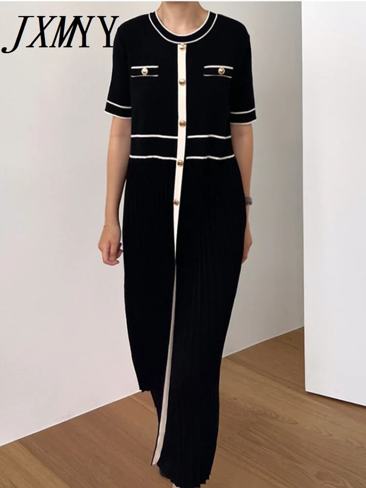 

JXMYY South Korea 2022 Summer Fashion Elegant Pleated Edge Elegant Temperament Mid-Length Knitted Dress Women's