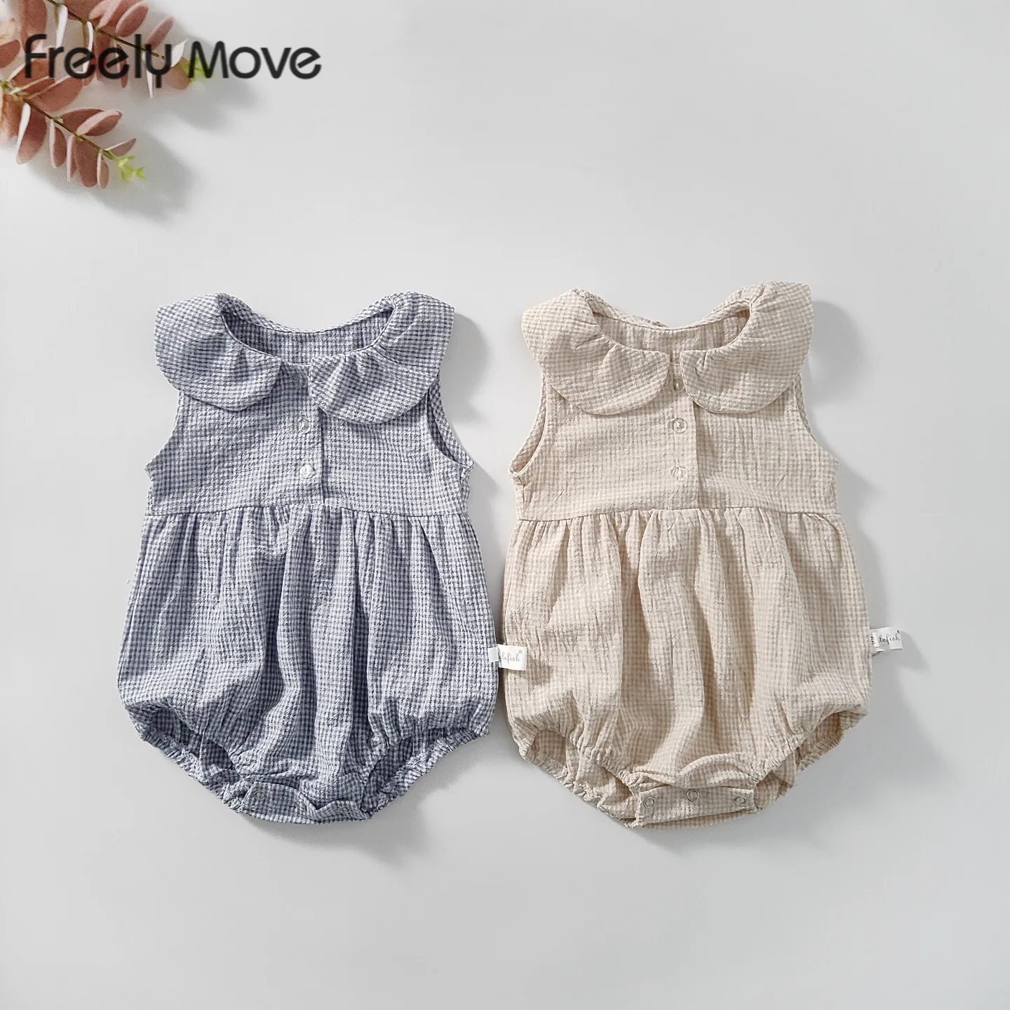 

Freely Move 2022 Summer Solid Newborn Baby Girls Cotton Linen Bodysuits Sleeveless Strap Jumpsuits2Pcs Outfits Korean