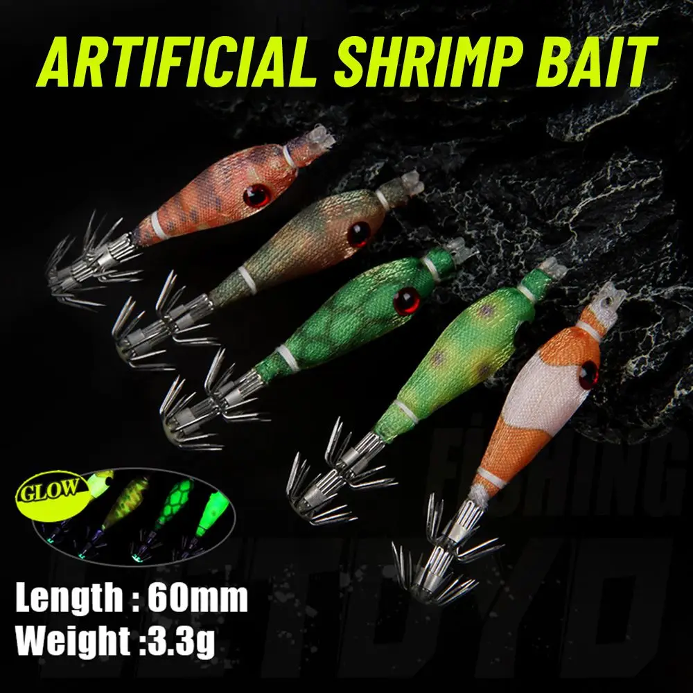 

5pcs 60mm 3.3g Lead Sinker Jigs Luminous Octopus Bait Fishing Tackle Wood Shrimp Lures weave Squid Hook