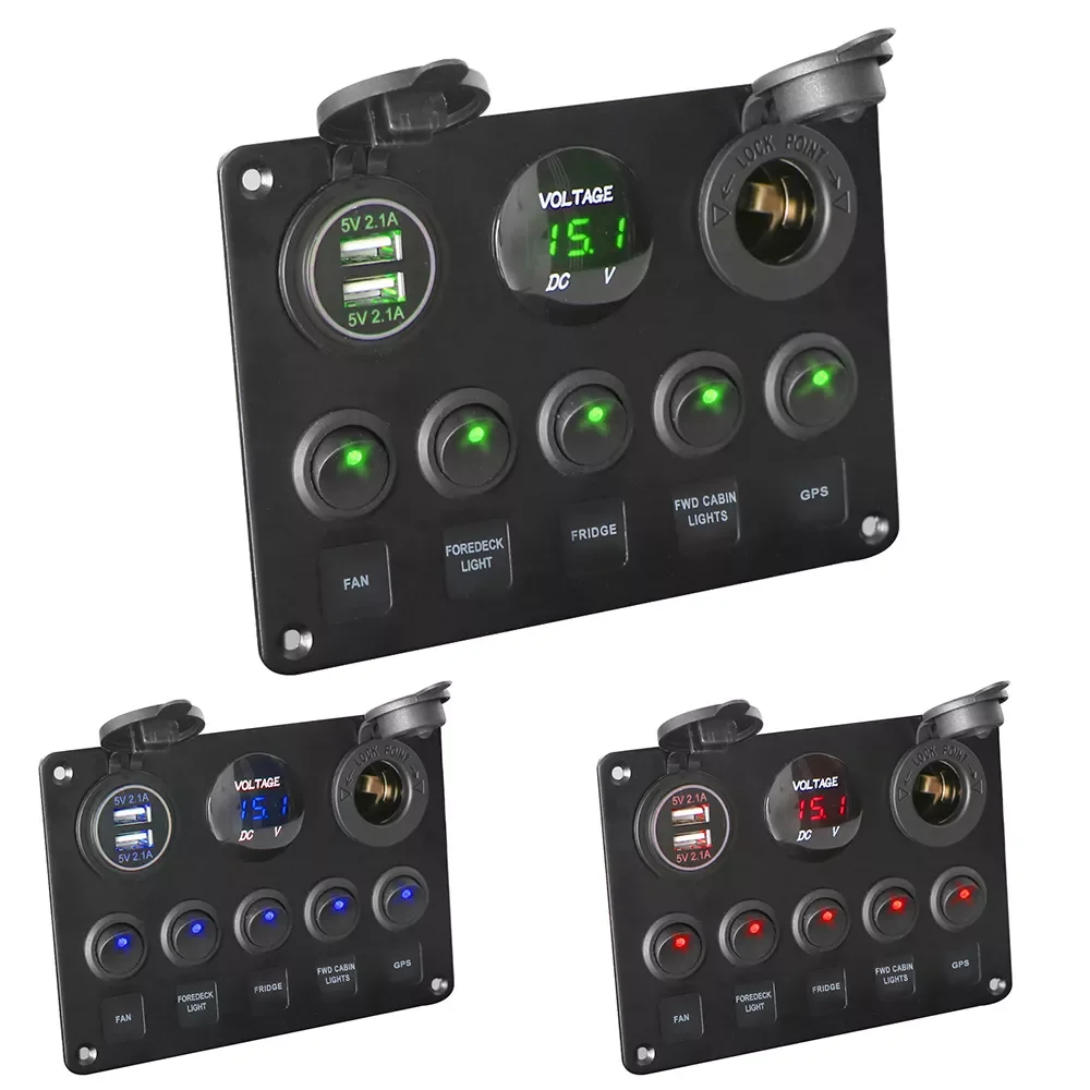 

12V LED Toggle Rocker Switch Panel Dual USB Port Outlet Combination Digital Voltmeter Waterproof for Car Marine RV Ship
