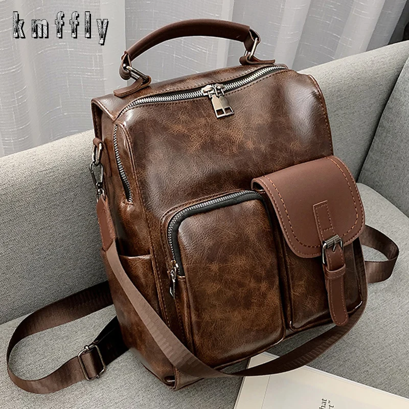

2020 Women PU Leather School Bags Vintage Backpack Women Big Schoolbag Mochila Feminina Brown Black Backpacks Sac A Dos Bagpack
