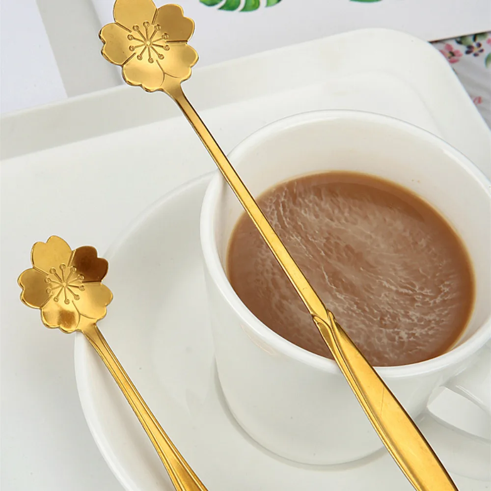 

1pc Gift Spoon with Hand Stainless Steel Spoon Creative Gift Long Cherry Stirring Spoon Golden Flower Kids Small Ladle flatware