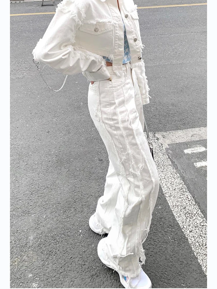 

White High Waist Flare Jeans For Women Plus Size Fashion Wide Leg Stretch Denim Pants Woman Vintage Tassel Jeans Ins 2022 New