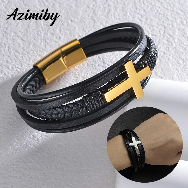 

Браслет с гравировкой имени Azimiby для мужчин и женщин, многослойный Плетеный черный кожаный браслет из нержавеющей стали с крестом, подарок на день рождения