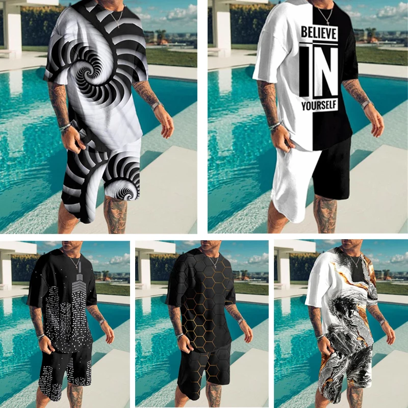

New 2022 Summer Men's T-shirt Male Casual Suit Simple Type Men's T-shirt Short Sleeve+Shorts Oversized 3D Printing 2-piece Set