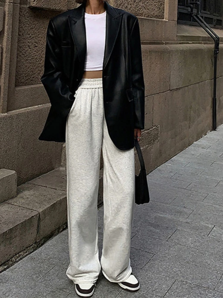 Black PU Suit Leather Coat Women's Spring and Autumn New Straight Tube Casual Relaxed High Grade Cardigan Jacket Top Fashion