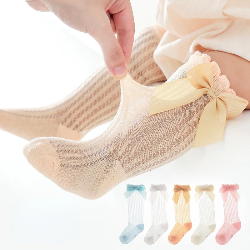 

Summer Cute Baby Girls Mid Tube Socks Soft Cotton Bows Breathable Mesh Stockings Infant Long Hose Anti-Mosquito Knee Socks 0-3Y