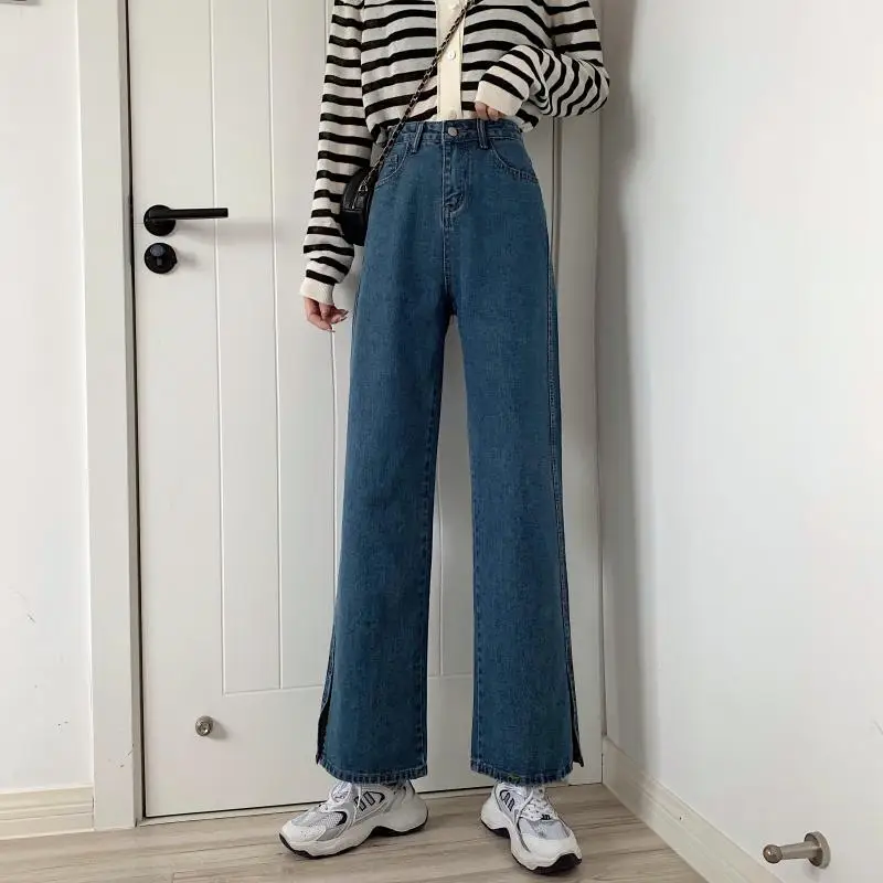 

DD2192 Light-colored jeans women's straight loose loose new high-waisted slim slit wide-leg pants jeans