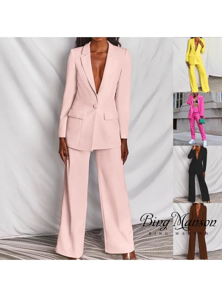 

2023 Autumn New Women's Fashion Temperament Long Sleeve Suit White Collar Office Straight Leg Pants Set Y2k Two Piece Set