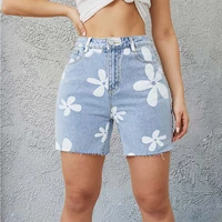 fashion casual floral print denim shorts women summer high waist buttons pockets straight streetwear jeans shorts 2022