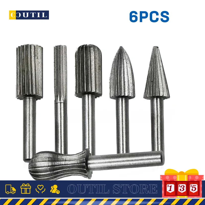 

6PCS HSS Rotary file Burr grinder Router Bit Mill Cutter engraving single groove Woodworking Electric grinding drill accessories