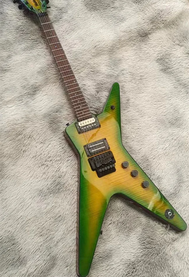 

Nueva tienda personalizada, guitarra eléctrica icónica, funda de Calavera, grabado, decoración amarilla de círculo verde