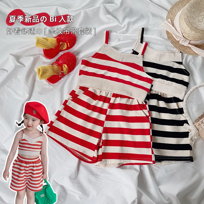 Freely Move 2022 Summer Baby Sleeveless Clothes Set Infant Girls Cute Stripped Print Tank Top T Shirt + Shorts Suit Kids Outfits