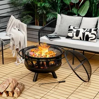 30 Inch Patio Round Fire Pit with Fire Poker Cooking BBQ Grills Outdoor Charcoal Barbeque Patio Party Cooking Picnic Stoves
