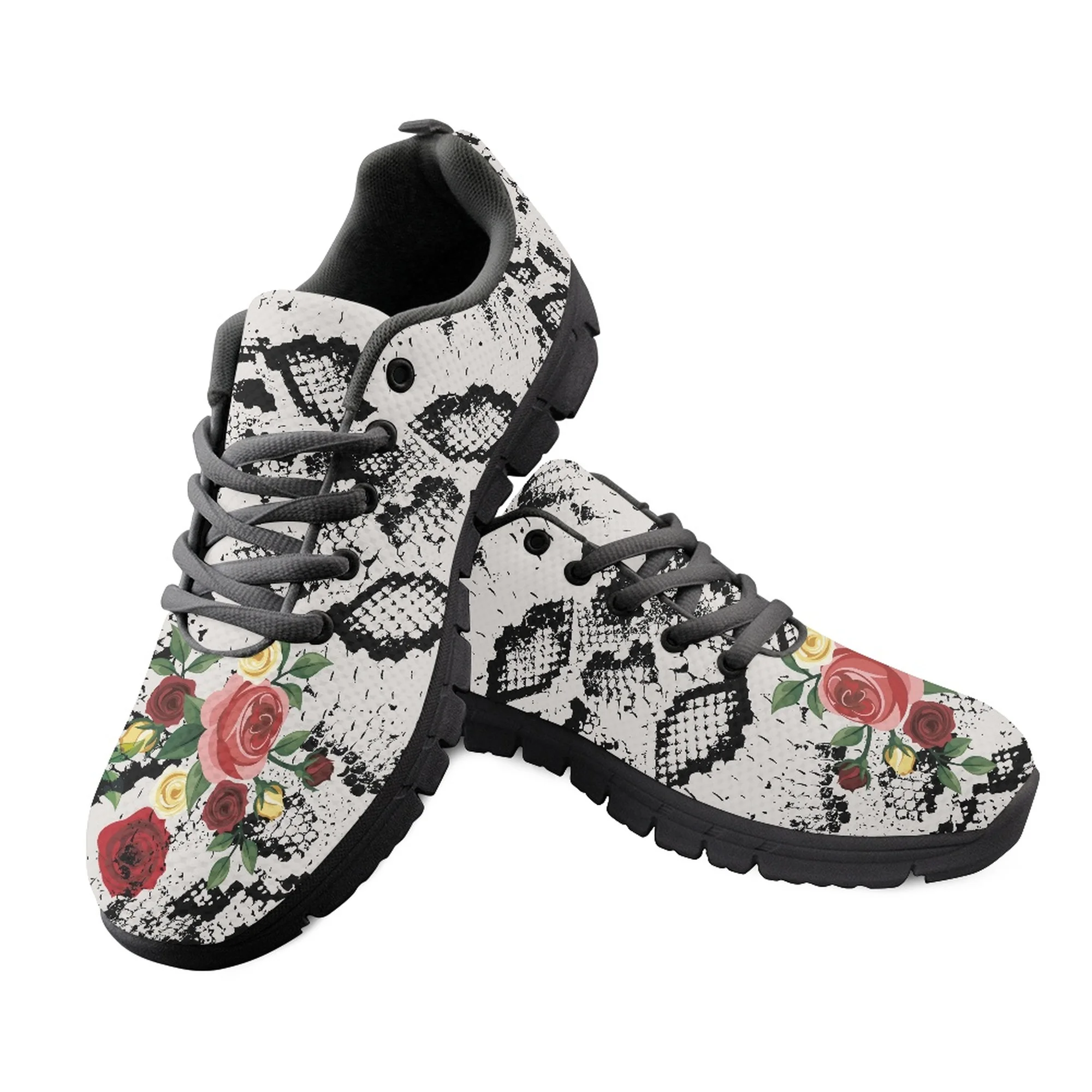 

Yikeluo Snake Skin with Roses Print Shoes for Women Sneakers Mesh Vamp Breathable Casual Female Shoes Flat Light Lace-Up Zapatos