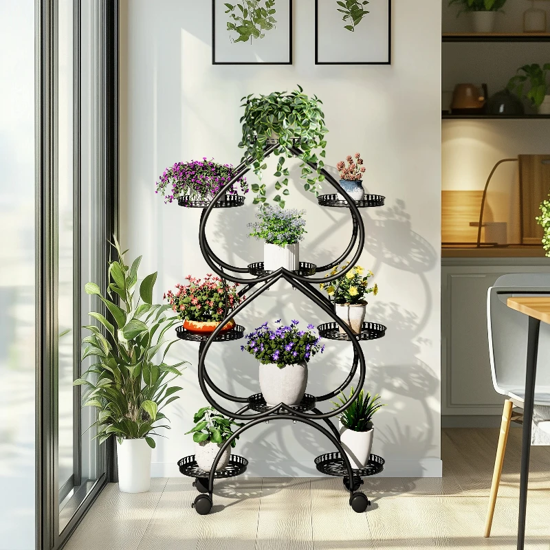Фото Подставка-стеллаж Plan Stand Rack на 9 поддонов, черная, для цветочных горшков, с колесиками, для улицы №1