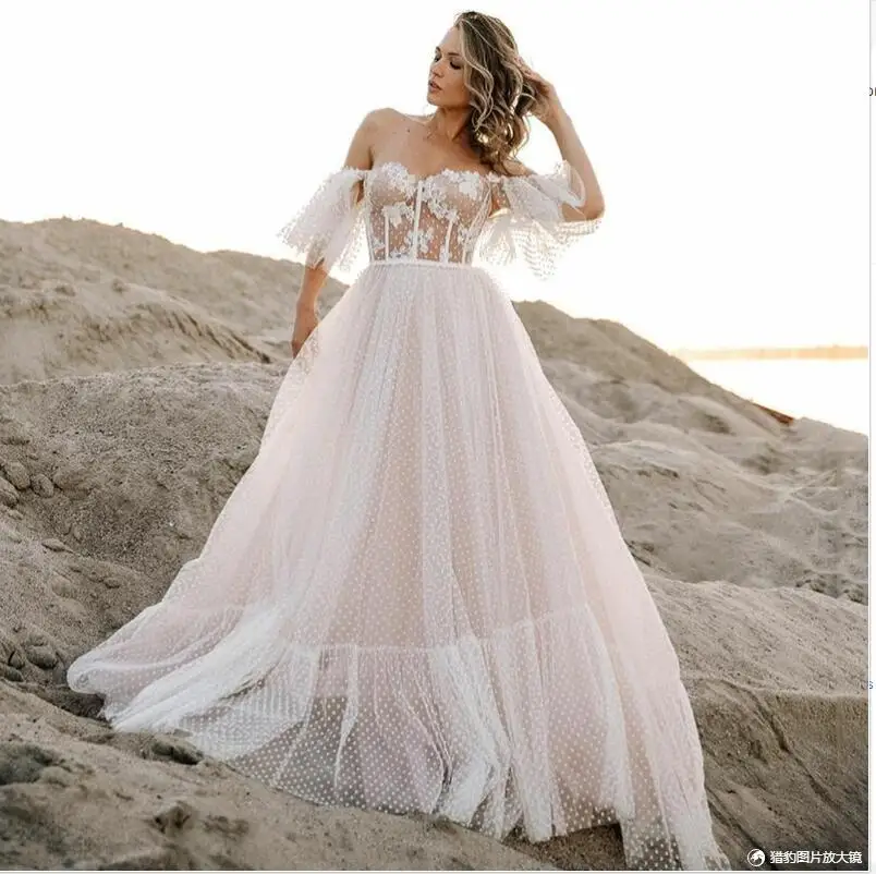 13593#Off-Shoulder Sweetheart Wedding Dresses Flutter Sleeves Bohemian A-Line Lace Dotted Mesh Floor Length Wedding Bridal Gown