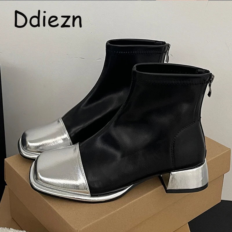

Ladies Short Boots With Middle Heels Female Footwear Square Toe Zippers Shoes Autumn Fashion Modern Women Ankle Boots Shoes