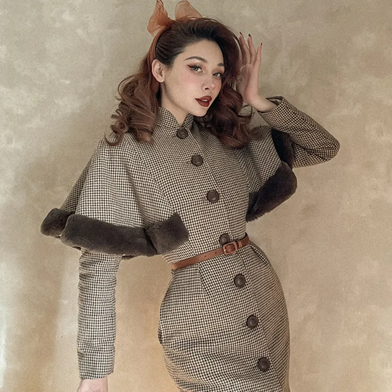 

Le Palais Vintage 2022 Spring New Original Chestnut Houndstooth Woolen Long Coats Fashion Vintage Elegant Slim Chic Coats Women