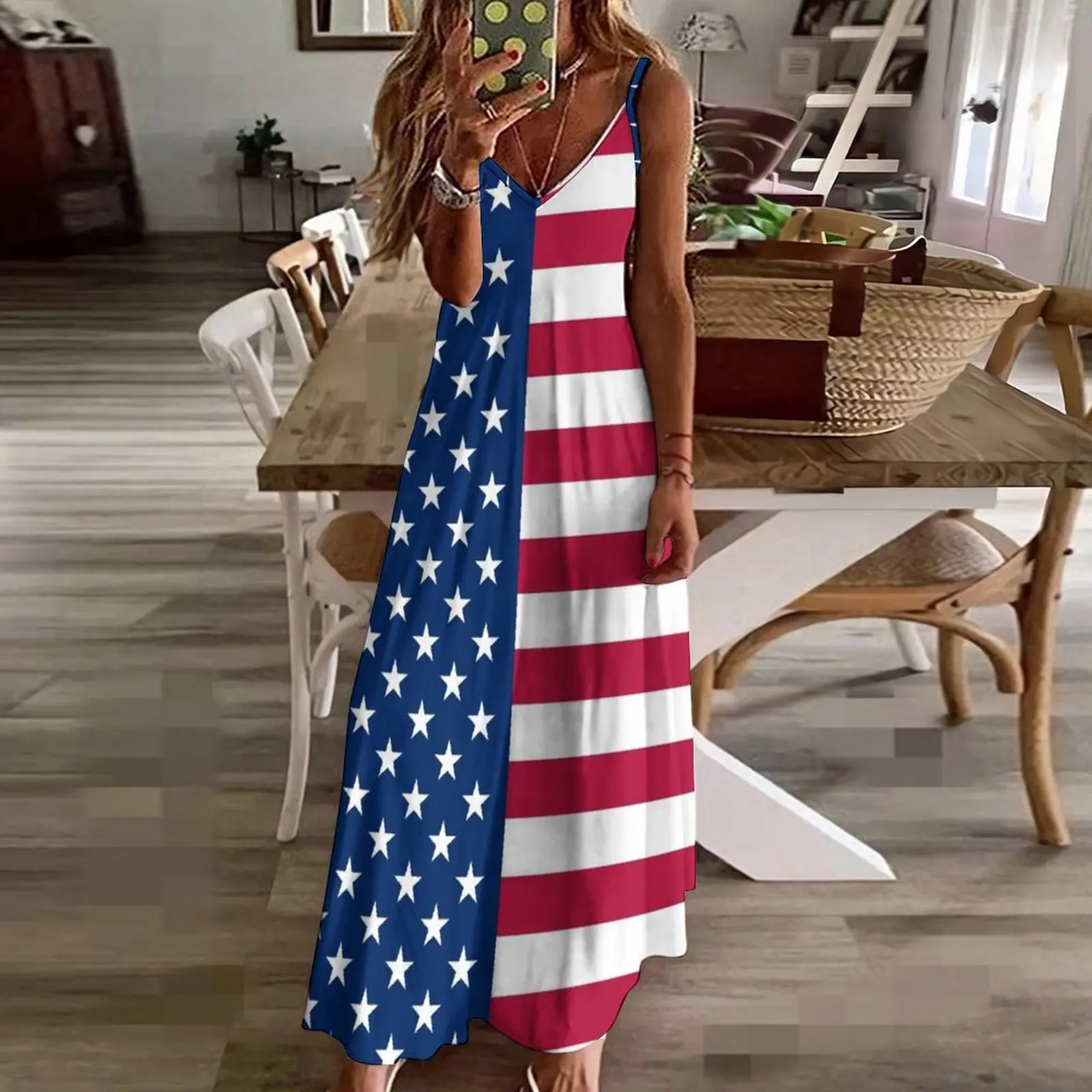 Флаг США - Длинное платье без рукавов со звездами и полосками женские элегантные