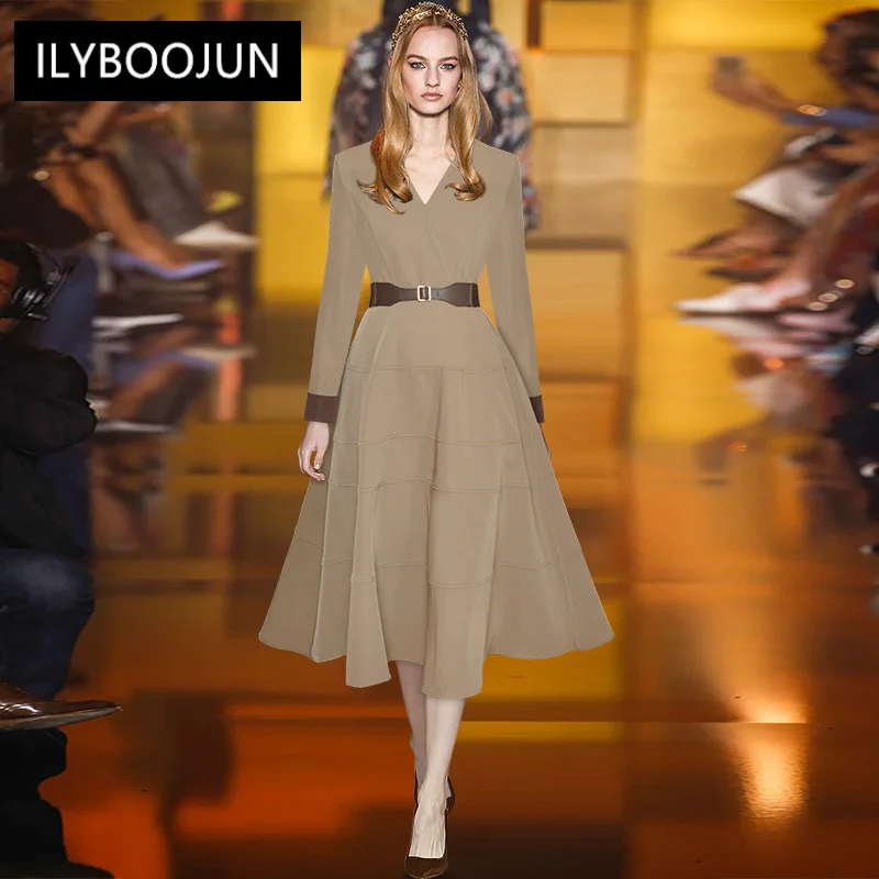 

Designer Dress Women Luxury 2022 Runway Elegant Autumn winter Women's business V Neck Long Sleeve Belted Office Lady Solid Dress