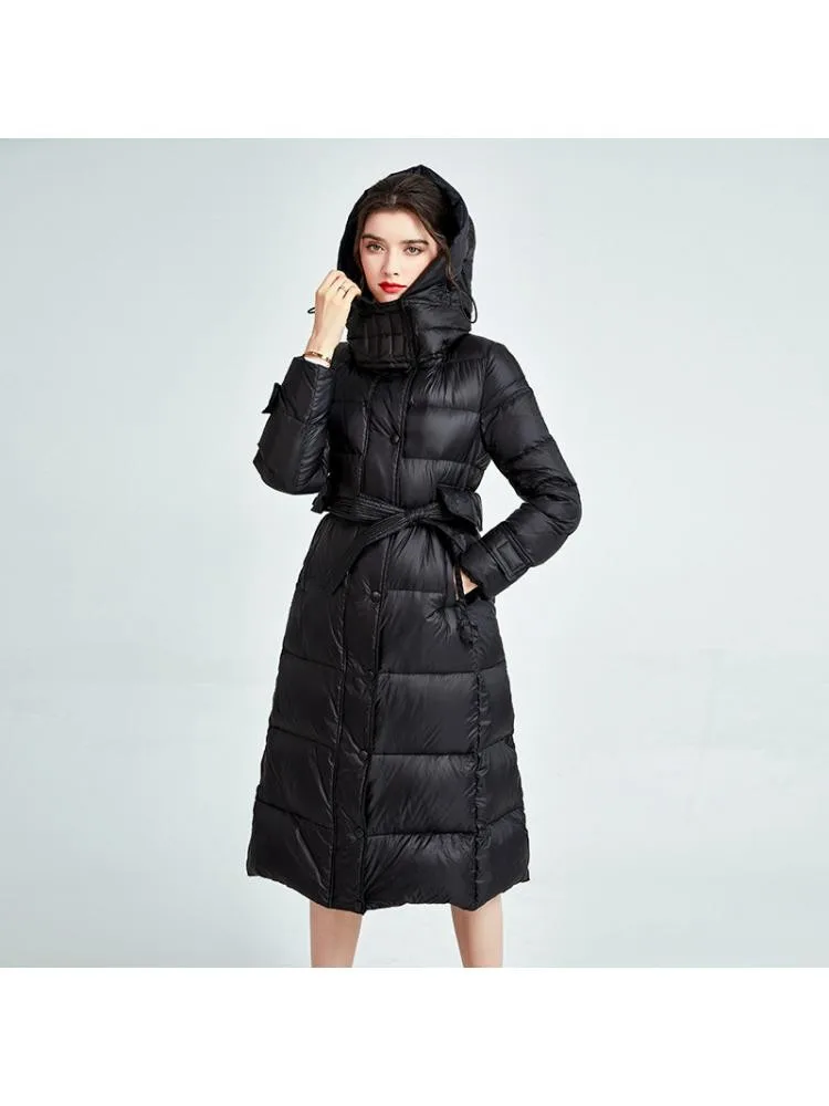 European Station 2022 Winter New High-End Bright Hooded Black Thicked 90 Down Coats Women Lace Up Warmer Bread Cloth Jackets