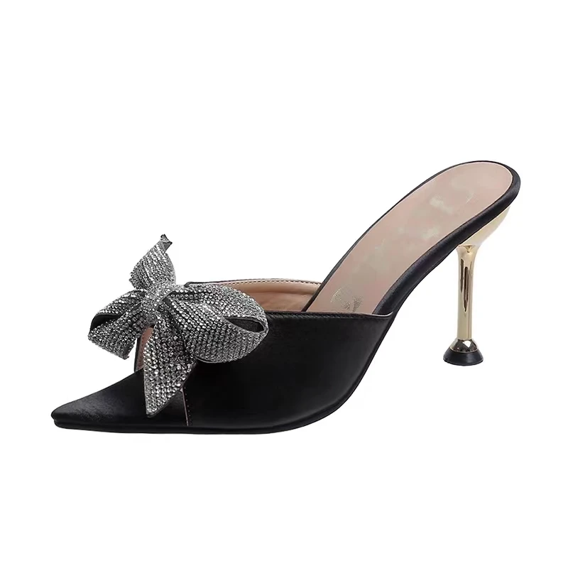 

Женские шлепанцы Стразы с бантом-бабочкой, шелковые туфли на высоком каблуке, шлепанцы с острым носком и ремешками, вечерние туфли, Размеры ...