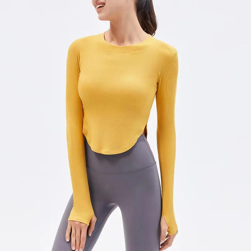 

Women Rib Sport Shirts High Elastic Gym Yoga Top Winter Breathable Long Sleeve T-Shirts Sports Crop Top Quick Dry Sportswear