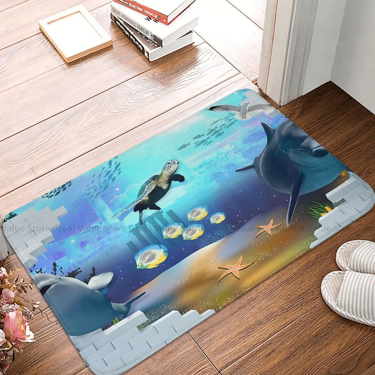 

3D Ocean World Anti-Slip Doormat Bath Mat Dolphin Underwater World Hallway Carpet Entrance Door Rug Indoor Decor