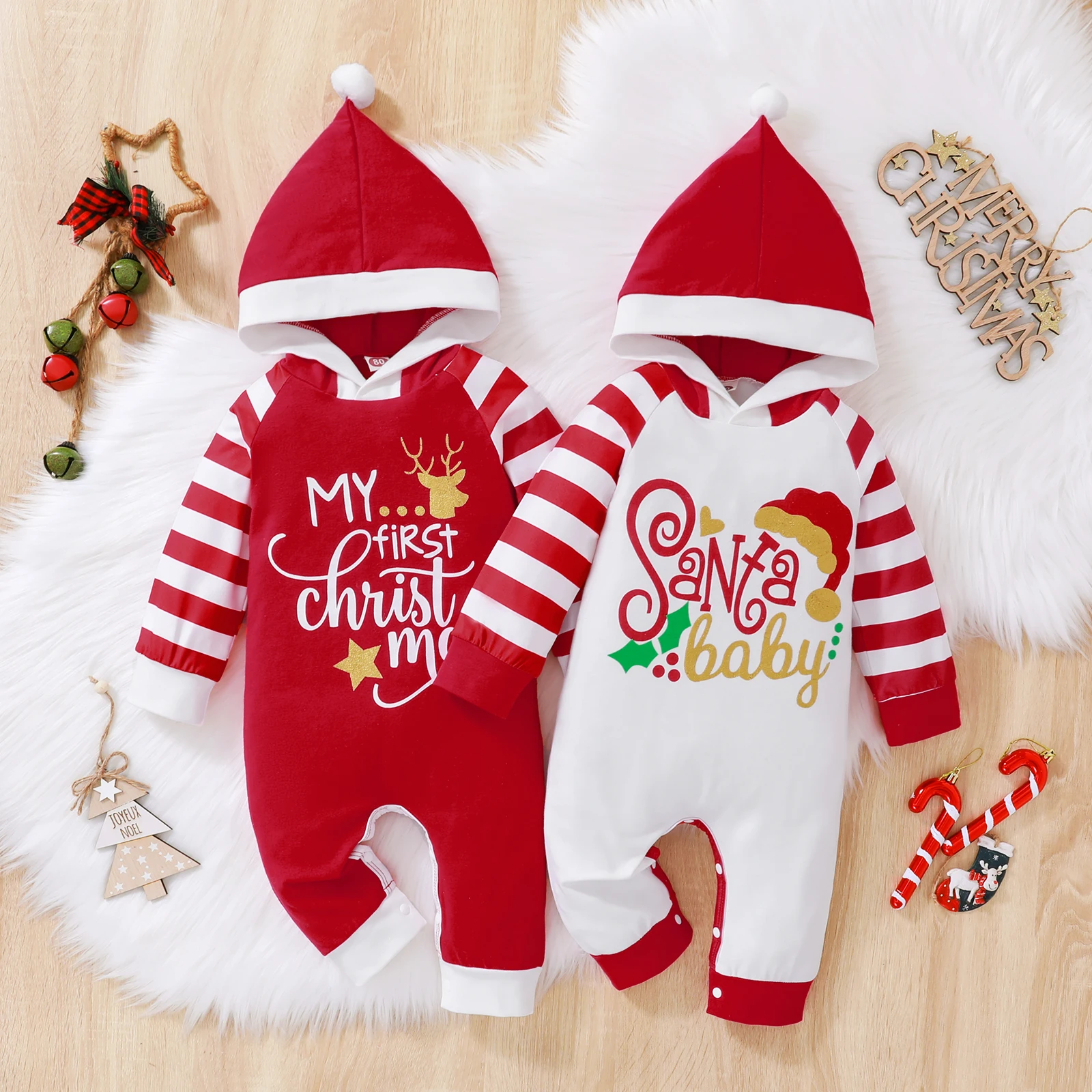 

Baby Girls Boys Christmas Romper Letter Print Stripe Contrast Color Hooded Long Sleeve Jumpsuits Autumn Piece Clothes