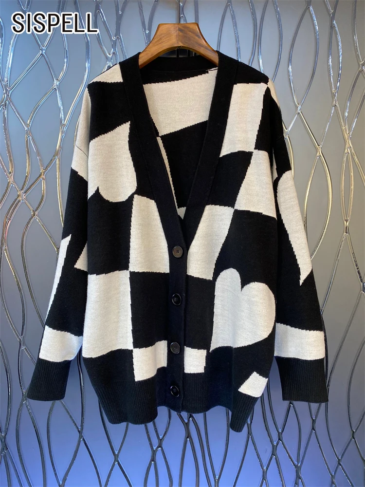 

Женский свободный свитер SISPELL, винтажный свитер с длинным рукавом и V-образным вырезом, с цветным принтом в форме сердца, осенняя одежда, 2022