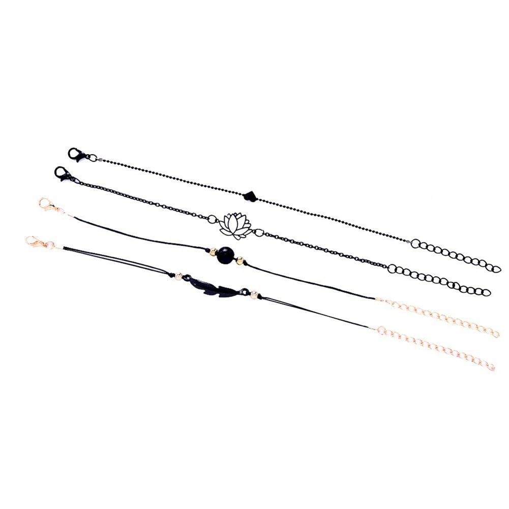 

Fashionable 4 Piece Gothic Black Feather Lotus Bracelet Set Boho Style Ladies Bracelet