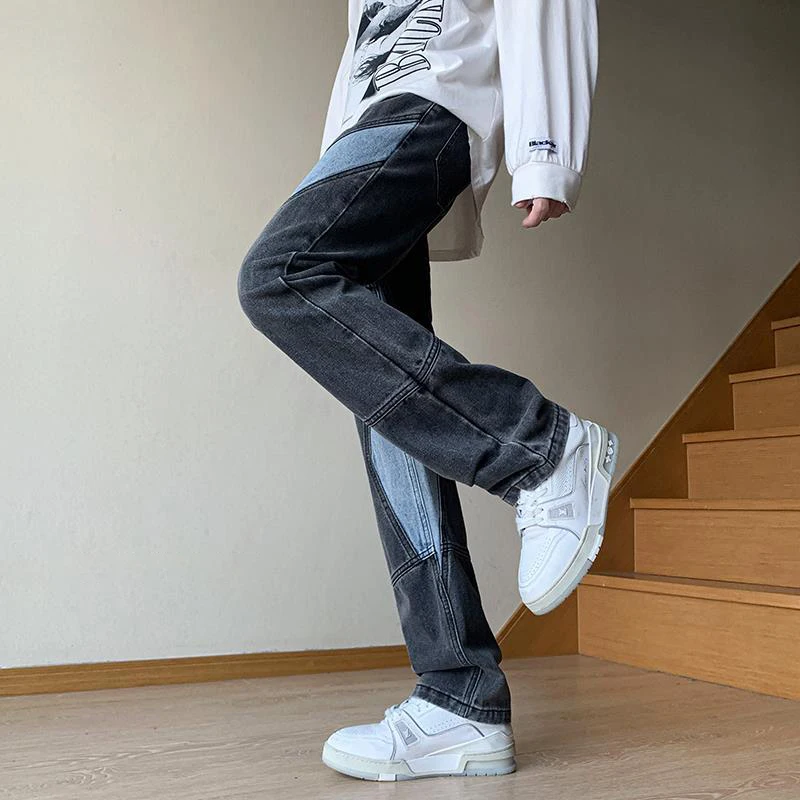 DEEPTOWN Blue Patchwork Jeans Men Loose Fashion Straight Denim Pants Casual Streetwear Trousers Male Vintage Hip Hop Spring