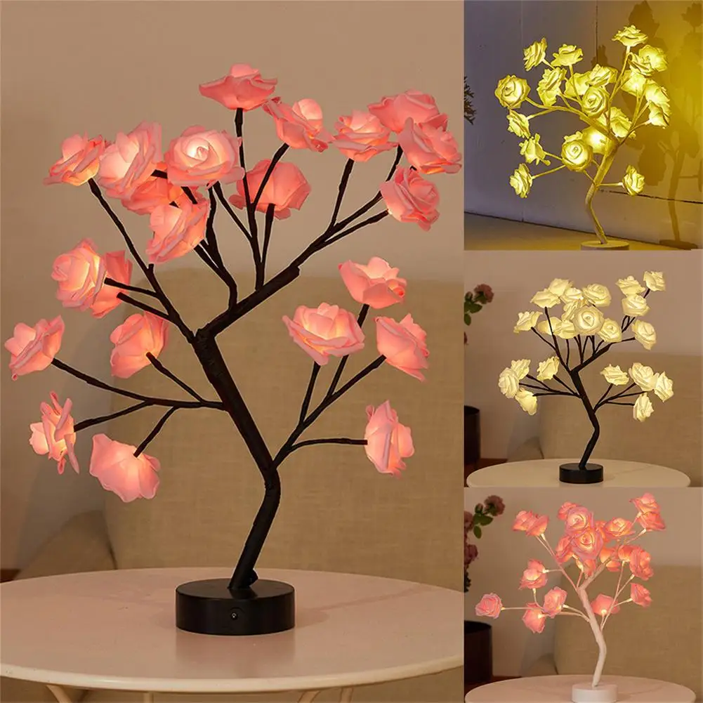 Led Diy Artificial Rose Flower Tree Lamp Usb Battery Operation Bonsai Light For Home Bedroom Decoration