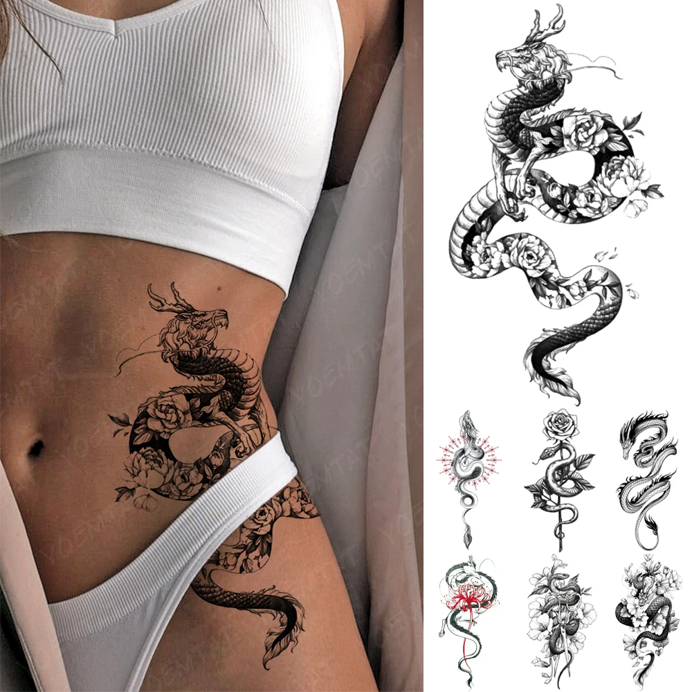 

Водостойкая Временная тату-наклейка, черный дракон, змея, пион, роза, роза, искусственная татуировка на талию для мужчин и женщин